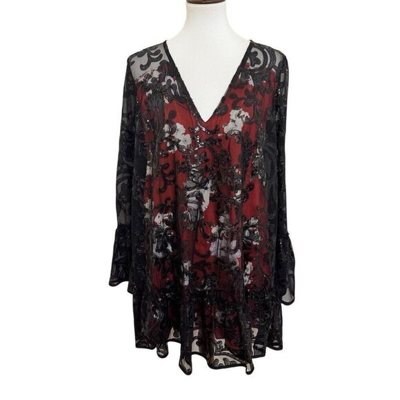 Free People Falling Flowers Frock Mini Dress Red Black Sequins Oversized Size XS - Picture 3 of 7